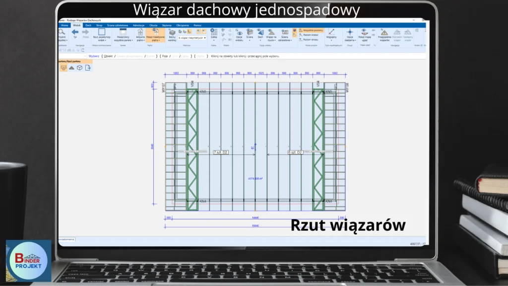 Rzut konstrukcji dachowej z wiązarów jednospadowych