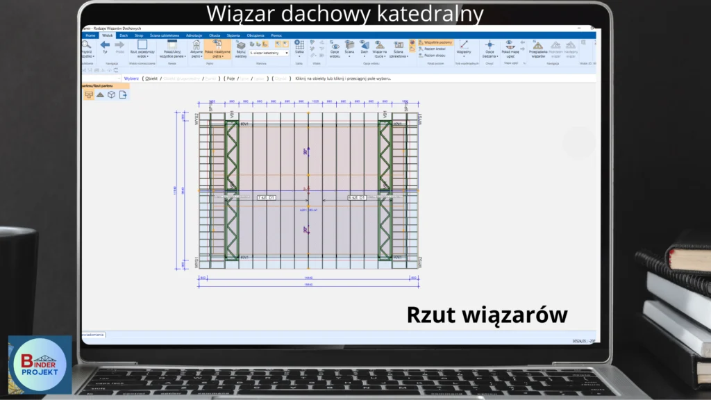 Rzut konstrukcji dachu z wiązarów katedralnych