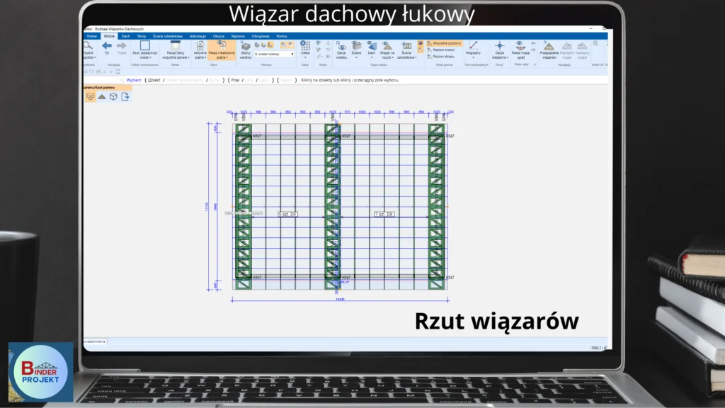 Rzut konstrukcji dachu łukowego z wiązarów.