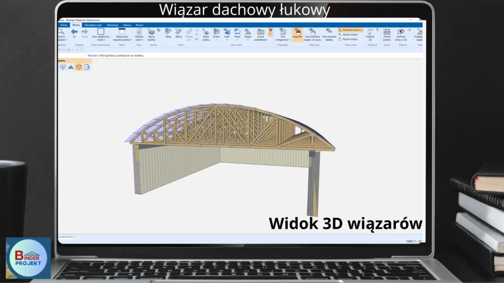 Widok 3D konstrukcji dachu z wiązarów łukowych