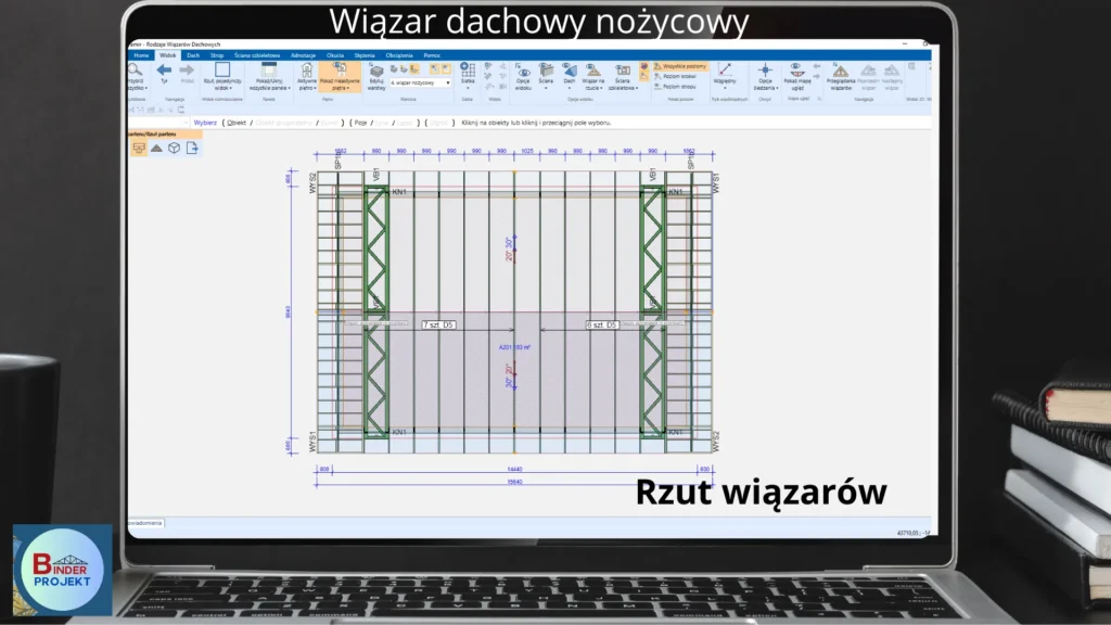 Rzut konstrukcji dachu z wiązarów nożycowych.