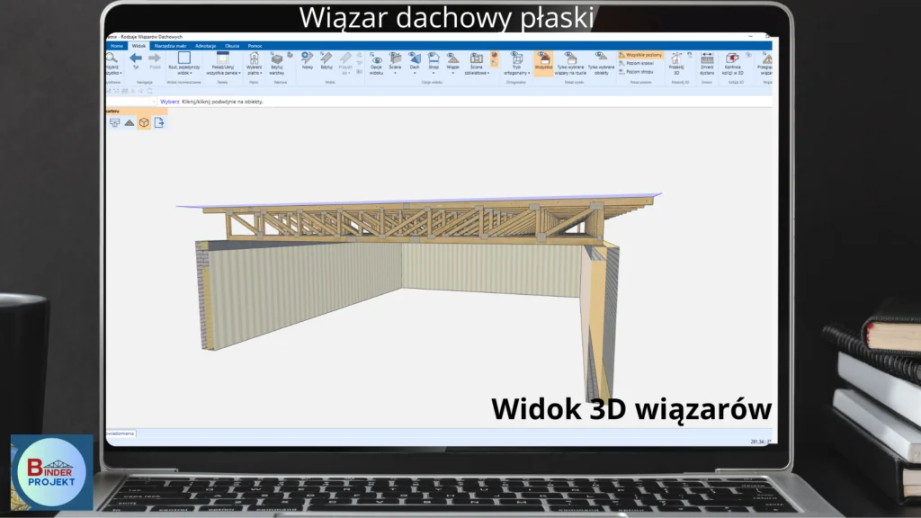 Widok 3D konstrukcji dachu z wiązara płaskiego