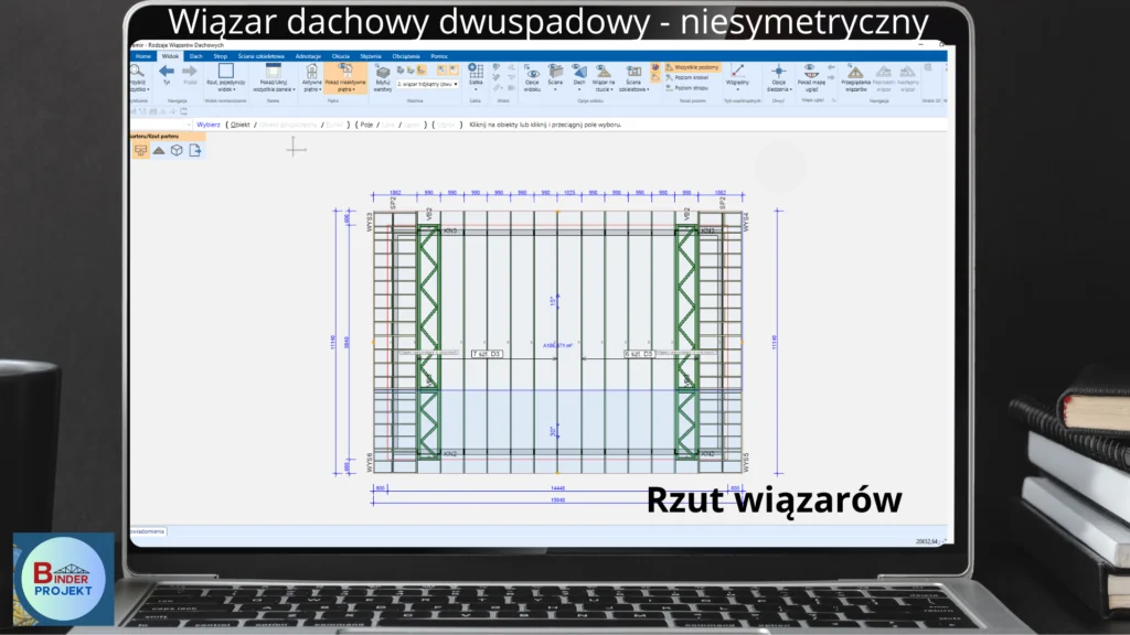 Rzut konstrukcji dachu z wiązarów trójkątnych niesymetrycznych
