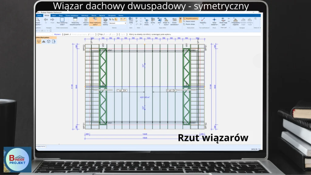 Rzut wiązara dachowego trójkątnego symetrycznego