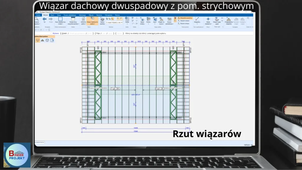 Rzut konstrukcji dachu z wiązarów ze strychem