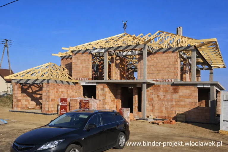 Dom jednorodzinny z dachem wielopłaciowym - montaż wiązarów dachowych I BINDER-PROJEKT Włocławek