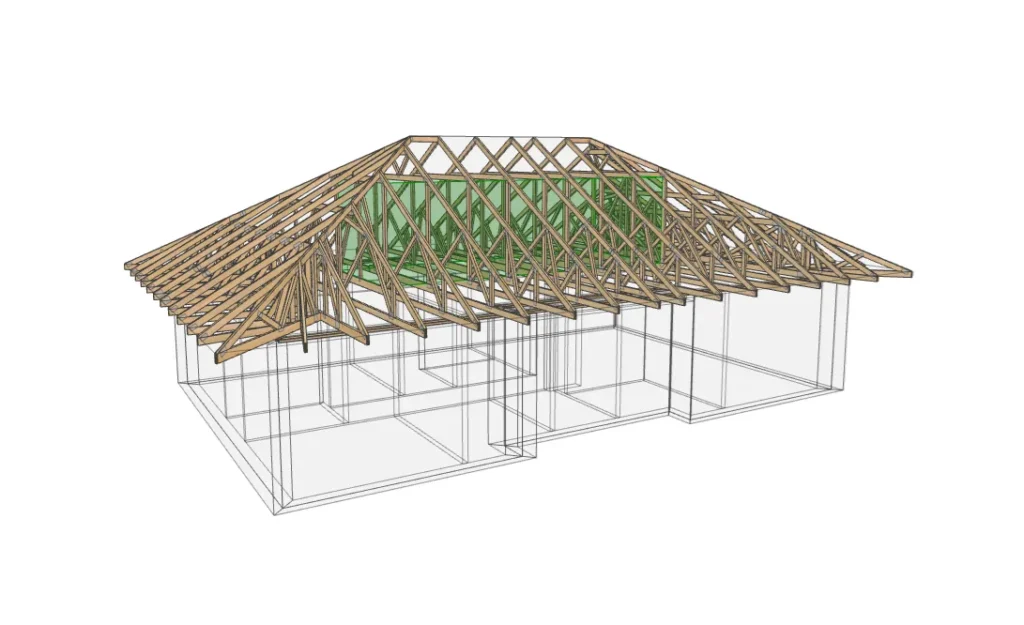 Model 3D konstrukcji dachu domu „Dom w Kostrzewach 6” z prefabrykowanymi wiązarami dachowymi