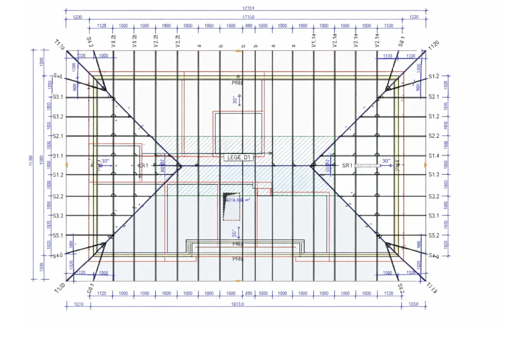 Rzut konstrukcji dachu z prefabrykowanymi wiązarami BINDER-PROJEKT – projekt Dom w Kostrzewach 6