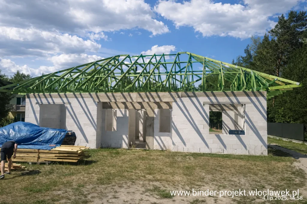 Prefabrykowane wiązary dachowe BINDER-PROJEKT w projekcie Dom w Kostrzewach 6 – montaż konstrukcji dachu na budynku jednorodzinnym