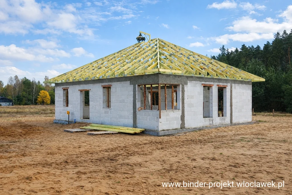 Konstrukcja dachu z prefabrykowanych wiązarów w projekcie domu za 150 tysięcy