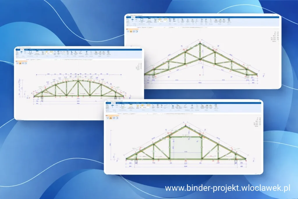 Rysunki techniczne prefabrykowanych wiązarów dachowych – różne schematy konstrukcji