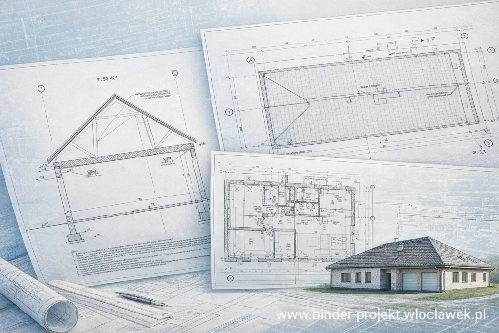 Plany architektoniczne domu jednorodzinnego z widokiem przekroju poprzecznego, rzutu parteru i elewacji budynku z dachem w kolarze grafitowym
